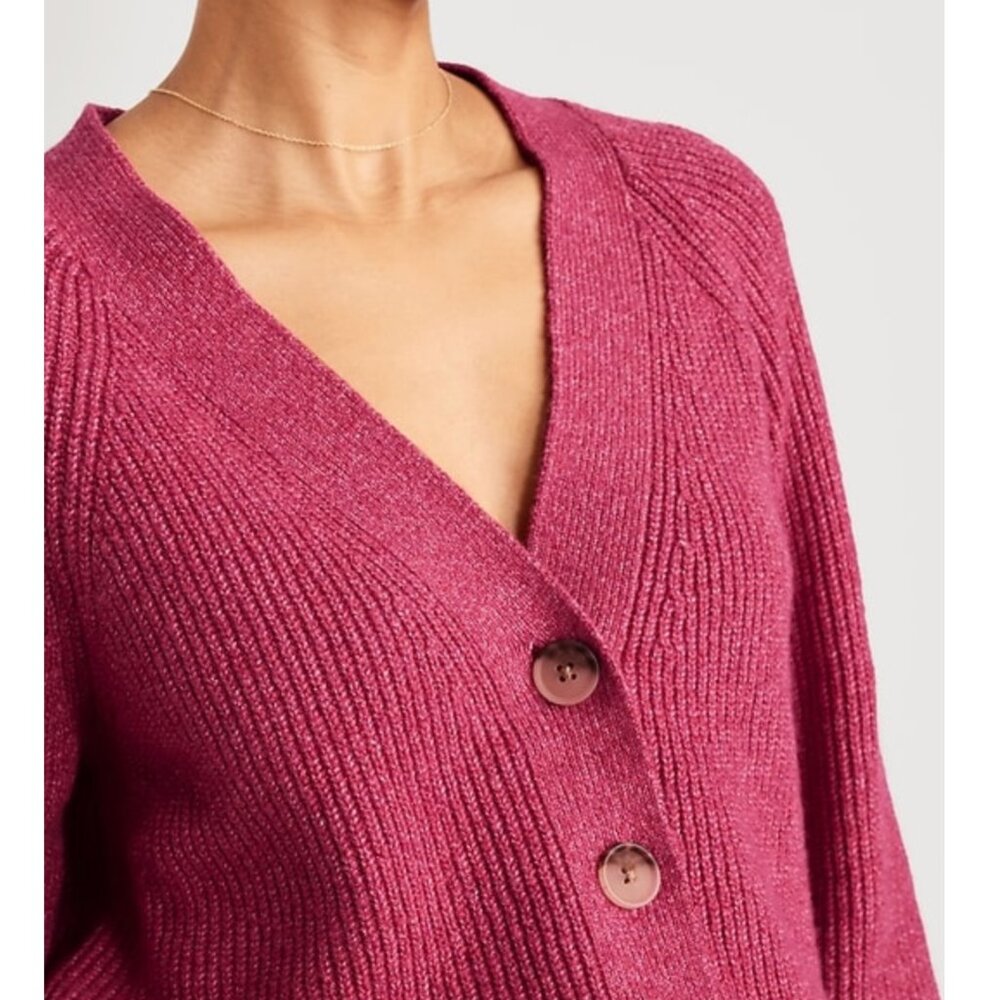OLD NAVY Shaker Stitch Cardigan Sweater Magenta / Berry Pink Chunky Knit Relaxed - Picture 3 of 15